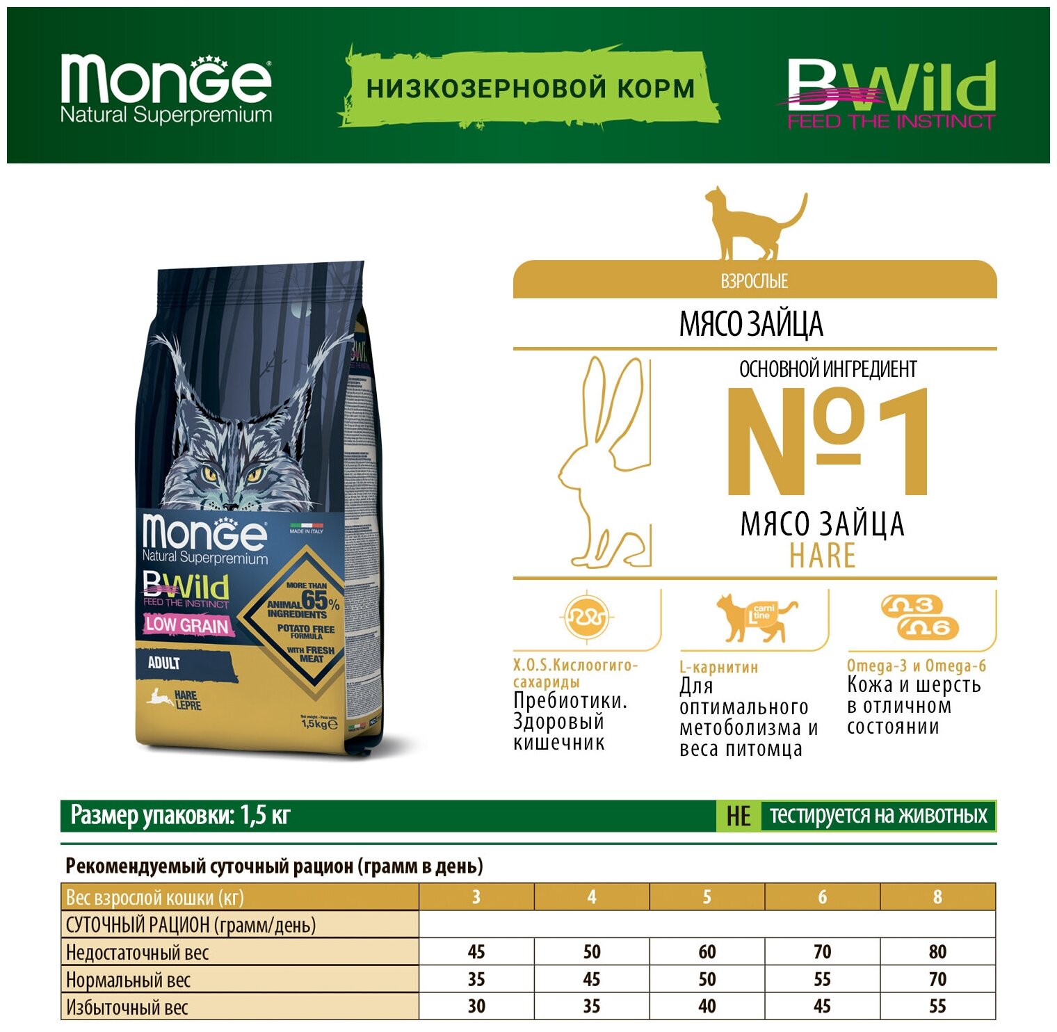 Monge Cat BWild LOW GRAIN низкозерновой корм из мяса зайца для взрослых кошек 1,5 кг - фотография № 4