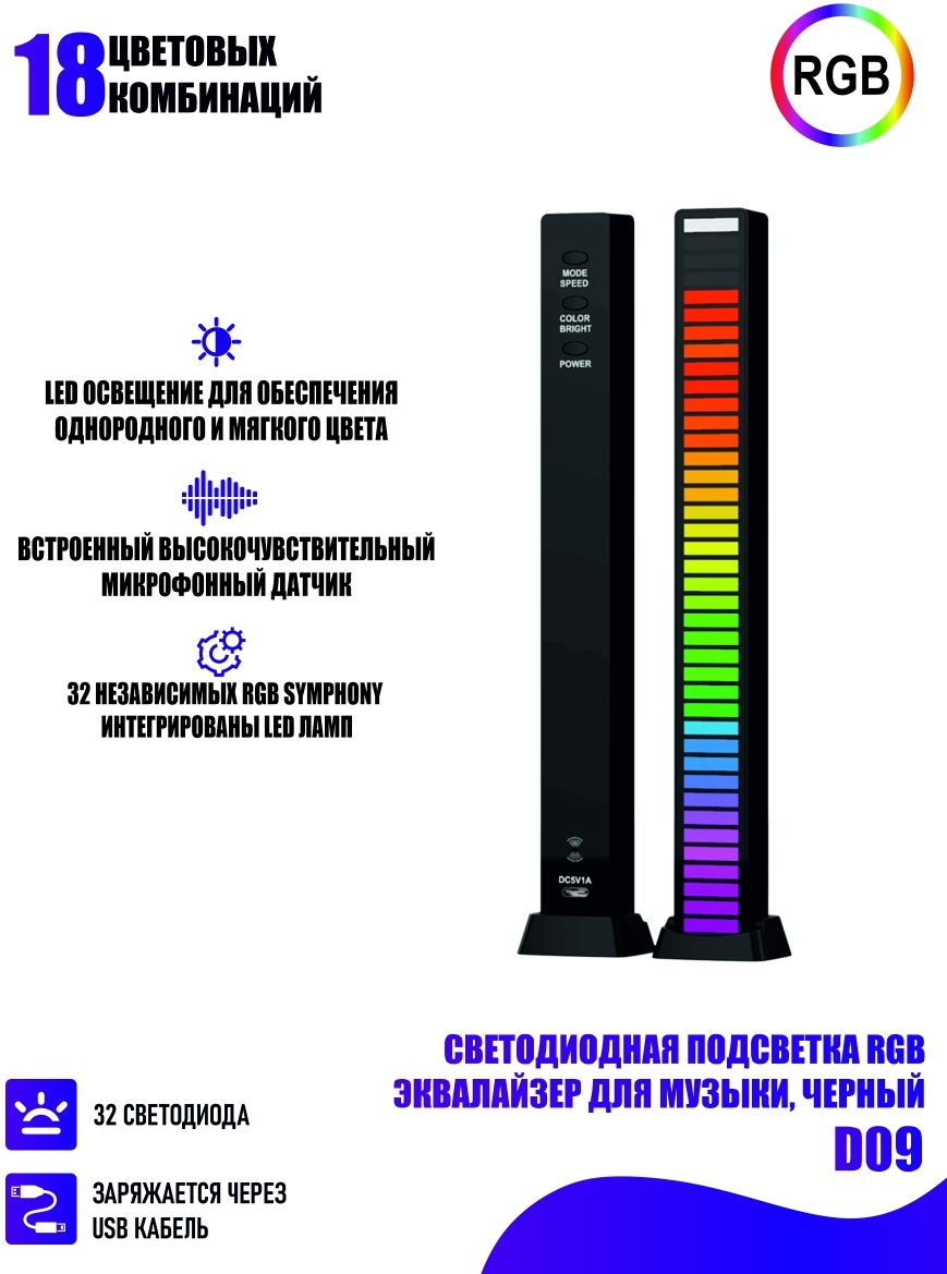 Светодиодная подсветка RGB D09 эквалайзер для музыки черный - фотография № 2
