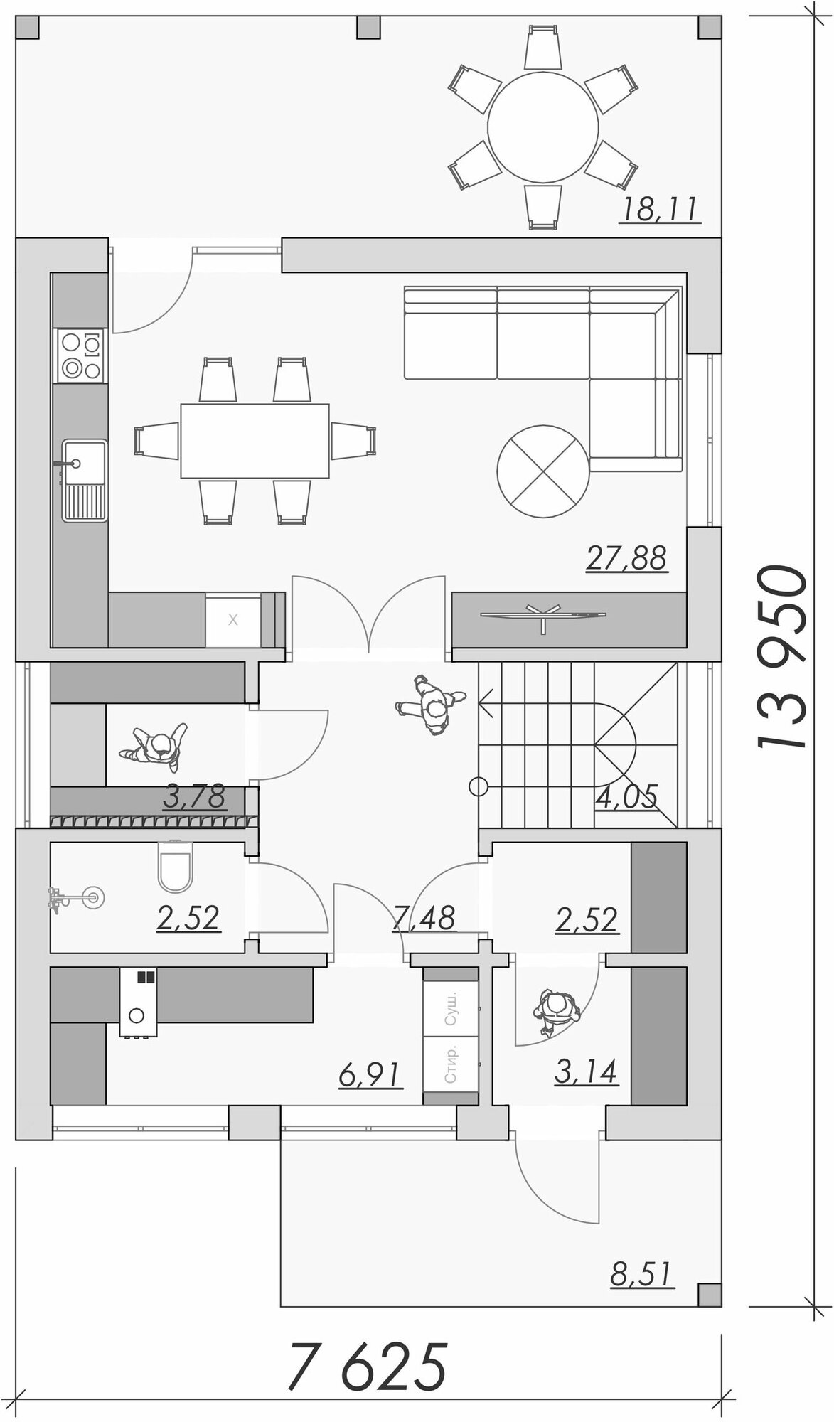Проект "практик" 120 м2 мансардного дома с 3 спальнями и большой гостиной-кухней, как всегда - фотография № 2