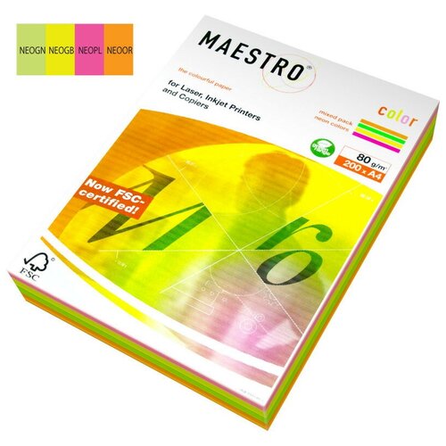 Бумага MAESTRO цветная А4, 80 г/м, 200 л. (4цв.x50л.) неон 9416