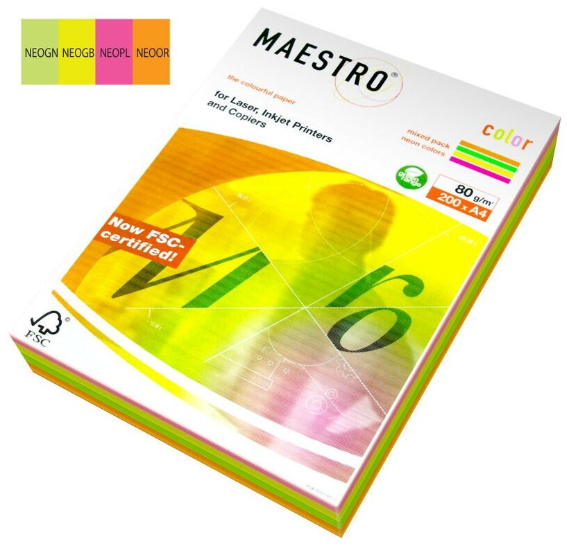 Бумага MAESTRO цветная А4, 80 г/м, 200 л. (4цв. x50л.) неон 9416