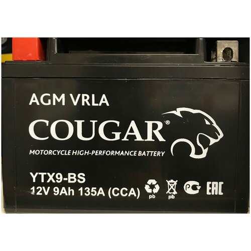 Аккумулятор мотоциклетный COUGAR AGM VRLA 12V9 YTX9-BS 150x87x105