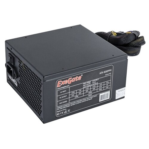 Блок питания 600W ExeGate 600PPX (ATX, APFC, SC, 14cm fan, 24pin, (4+4)pin, PCIe, 5xSATA, 4xIDE, FDD, Cable Management, RTL, black, кабель 220V с защитой от выдергивания)EX221642RUS-S