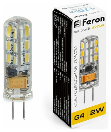 Лампа светодиодная LED 2вт 12в G4 теплый капсульная | код 25858 | FERON ( 1шт )