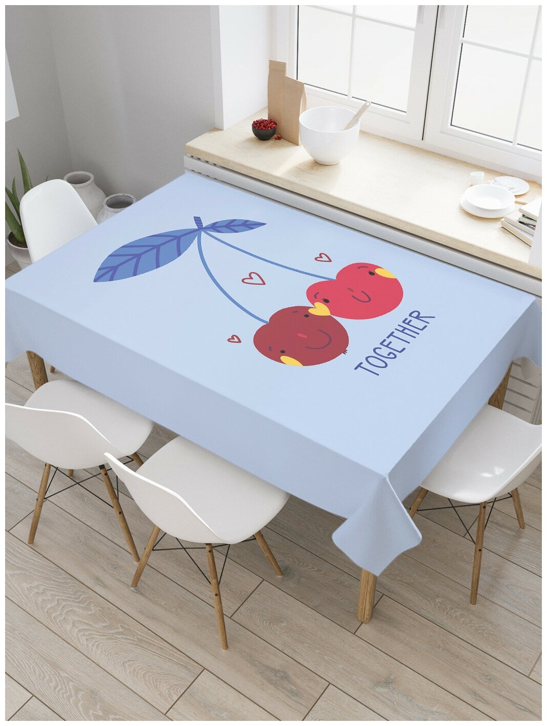 Прямоугольная водоотталкивающая тканевая скатерть на стол JoyArty с рисунком "Вишинки вместе" 145 на 180 см