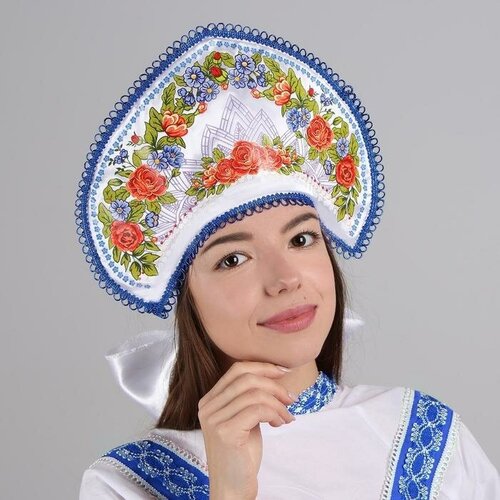 Кокошник «Павлово-Посадский», красно-синие цветы кокошник цветы люпины на белом