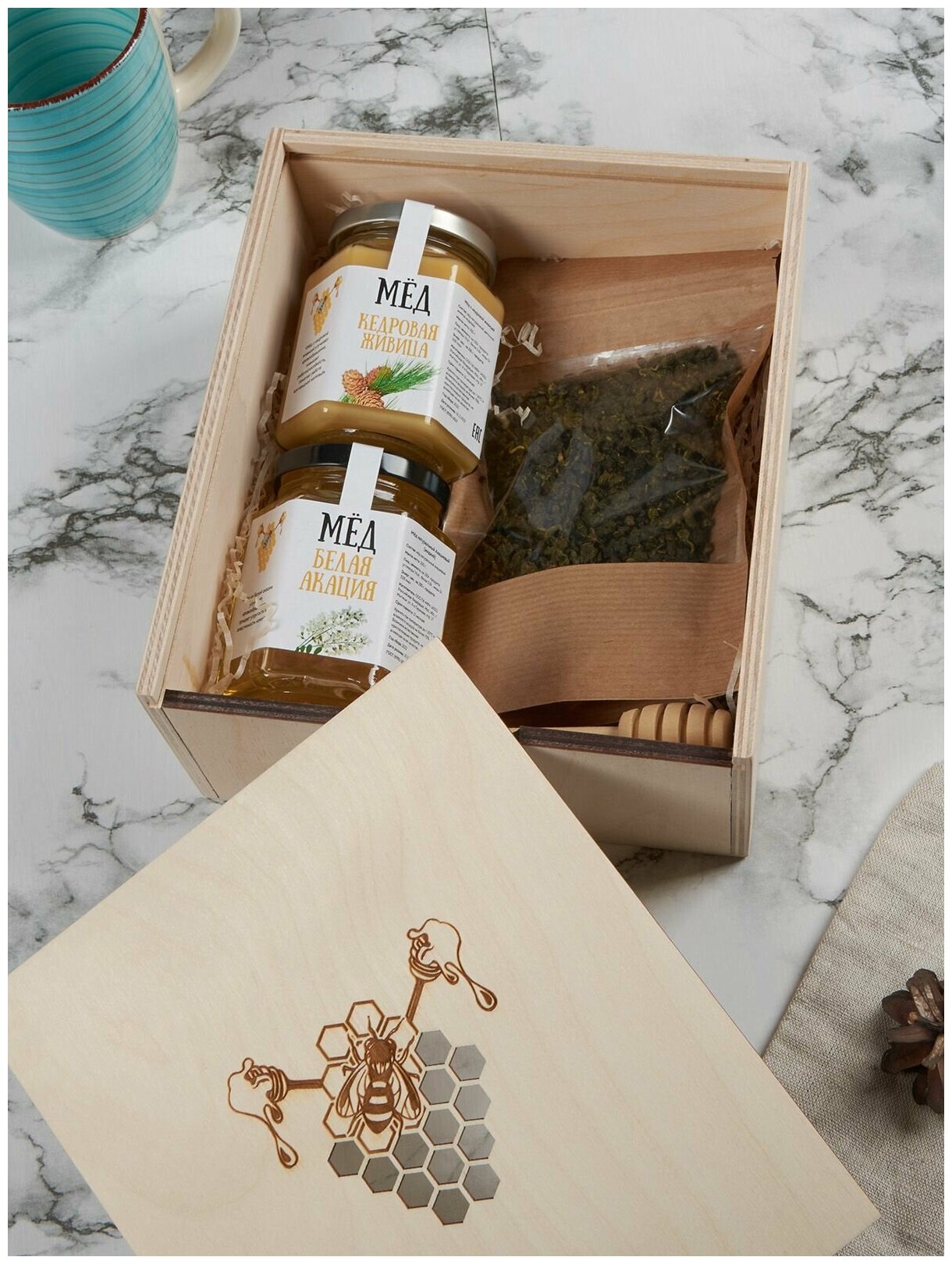 Подарочный набор с акациевым медом, медом с кедровой живицей и улуном на любой праздник - фотография № 1