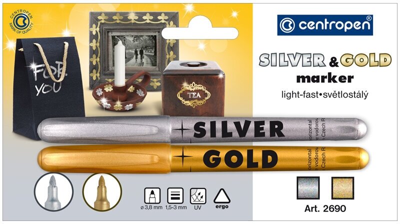 Набор маркеров для декорирования Centropen "2690" золото, серебро, 2шт, пулевидный, 1,5-3мм, блистер