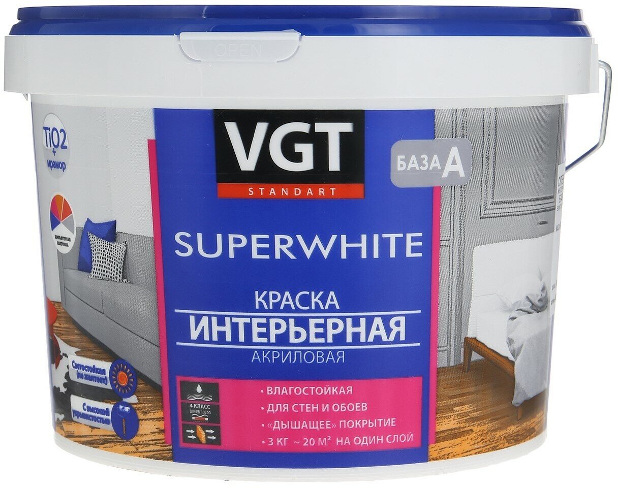 Краска акриловая интерьерная ВД-АК-2180 VGT Superwhite база A, белая, матовая (15кг)