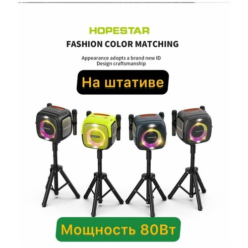 Колонка Hopestar Party One 80 Вт два беспроводными микрофона на штативе черная 1199000₽