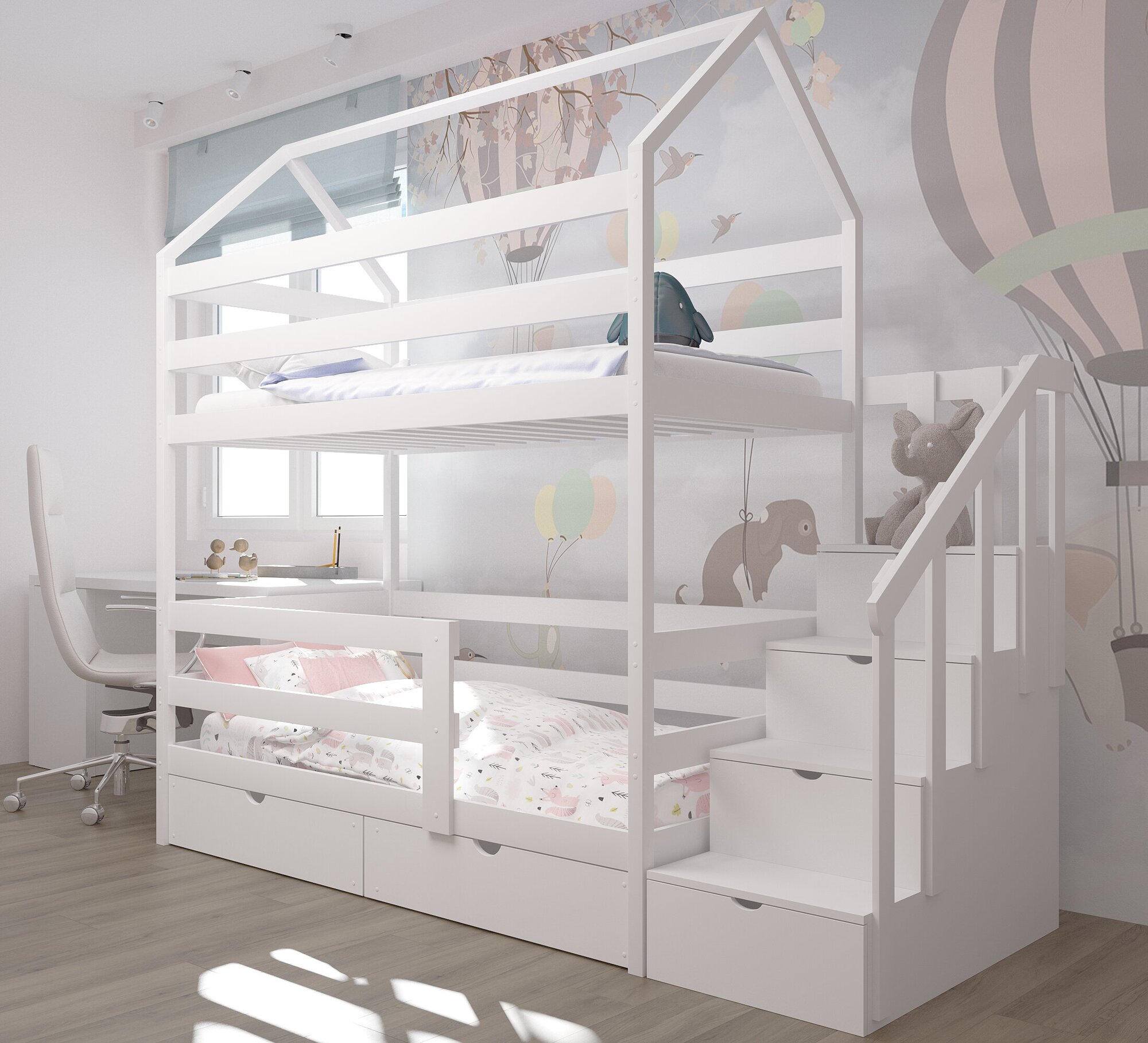 Кровать детская, подростковая "Двухъярусная с лестницей-комодом", 160х80, в комплекте с выкатными ящиками, белая, из массива - фотография № 5