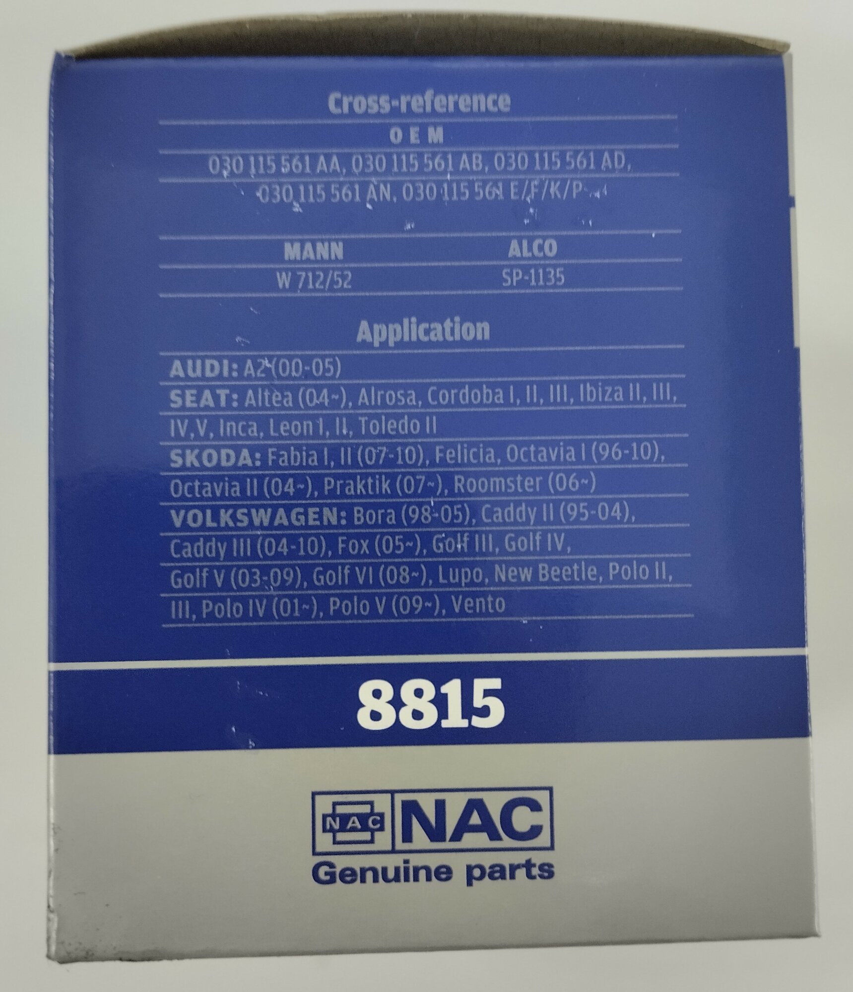 Фильтр масляный NAC 8815 для AUDI, SEAT, SKODA, VOLKSWAGEN. OEM 030 115 561 AA, 030 115 561 AB, 030 115 561 AD, 030 115 561 AN; MANN W712/52