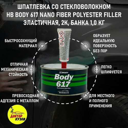 Шпатлевка со стекловолокном эластичная для большой площади HB BODY 617 NANO FIBER POLYESTER FILLER, 2К, банка 1 кг с отвердителем