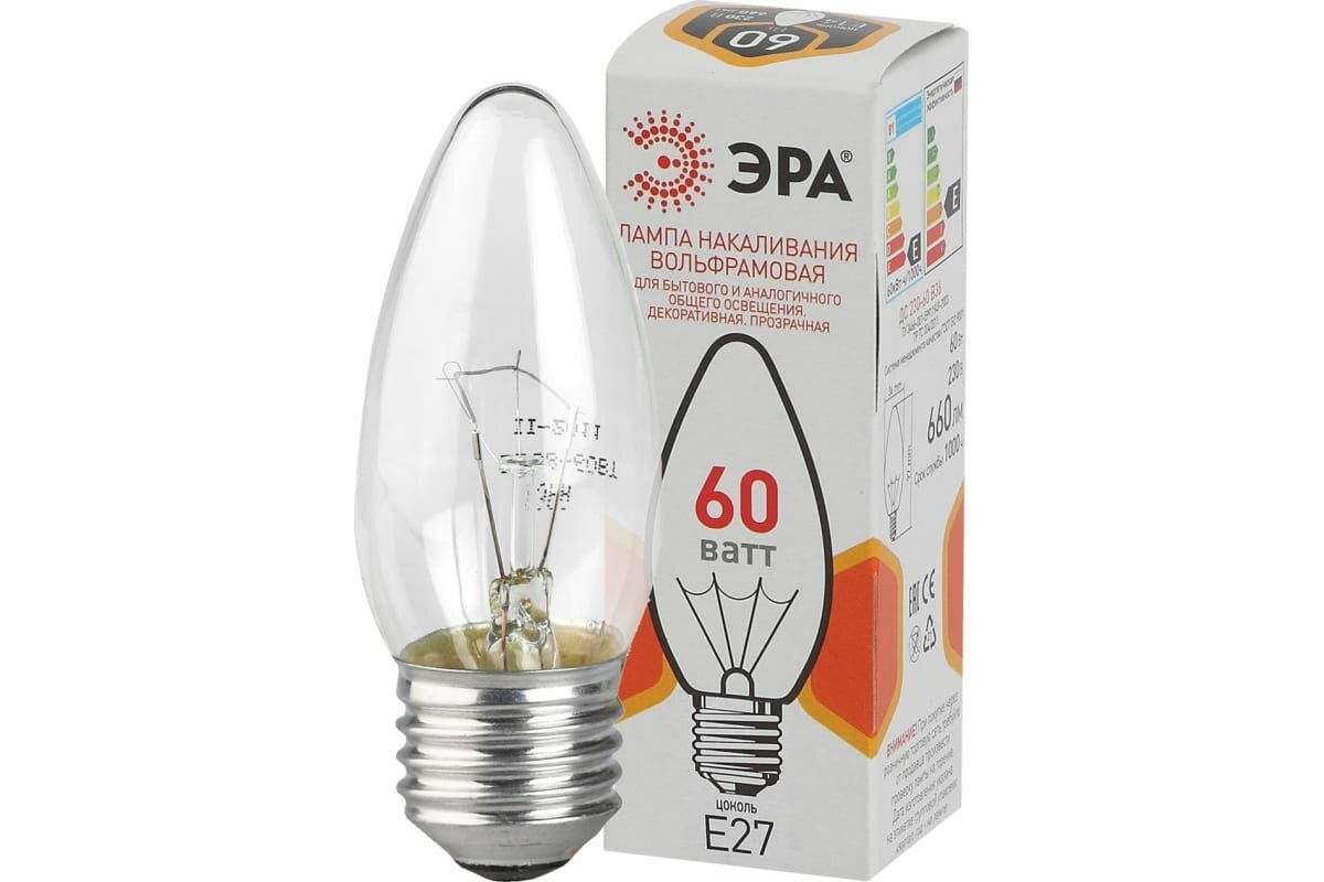 Лампа накал 60Вт свеча Е27 прозр ДС 60-230-E27-CL ЭРА (упаковка 10 штук)