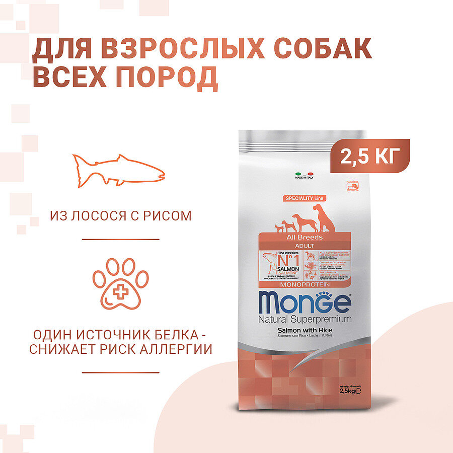 Сухой корм Monge Dog Speciality лосось с рисом для собак всех пород 2,5 кг Monge 8009470011297