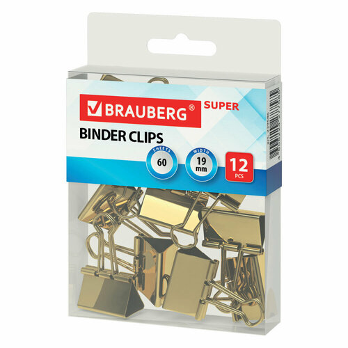 Зажимы для бумаг BRAUBERG EXTRA, комплект 12 шт, 19 мм, на 60 л, золотистые, европодвес, 229586 упаковка 10 шт.