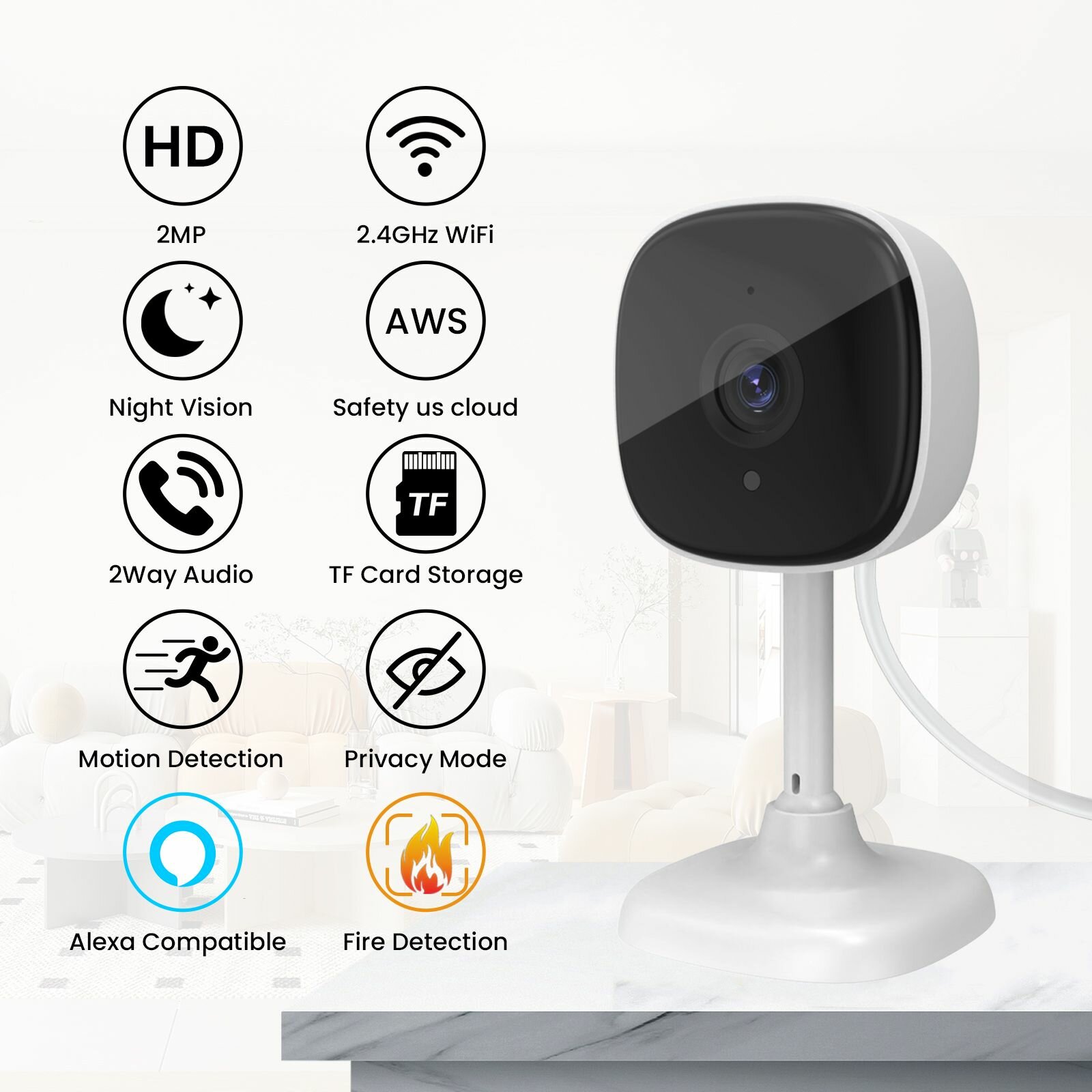 Камера для помещений с разрешением 1080P Wifi, радионяня для домашних животных с функцией инфракрасного ночного видения и распознавания изображений Ai, поддерживает системы Google и IOS