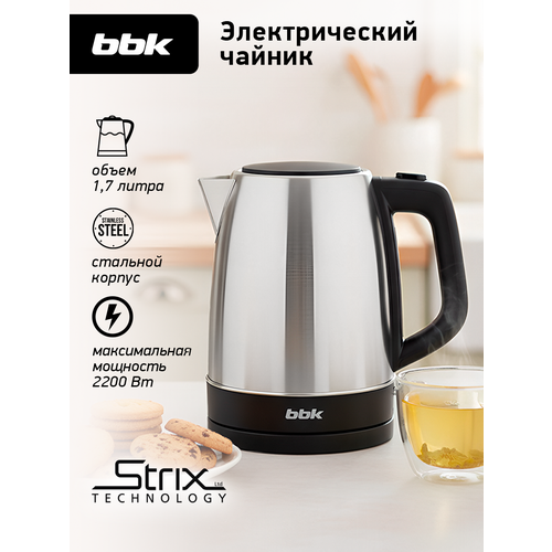 фото Чайник электрический bbk ek1764s черный/нержавеющая сталь, объем 1.7 л, мощность 1850-2200 вт, контроллер strix