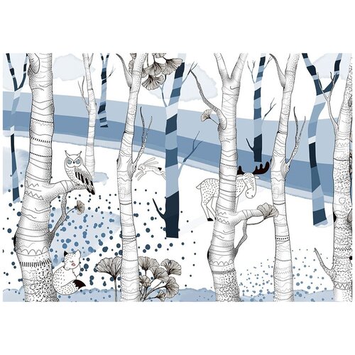 Стилизованный лес с животными детские - Виниловые фотообои, (211х150 см)