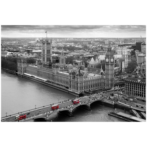 Фотообои Уютная стена Черно-белый аэрофотоснимок Лондона с красными автобусами 410х270 см Виниловые Бесшовные (единым полотном)