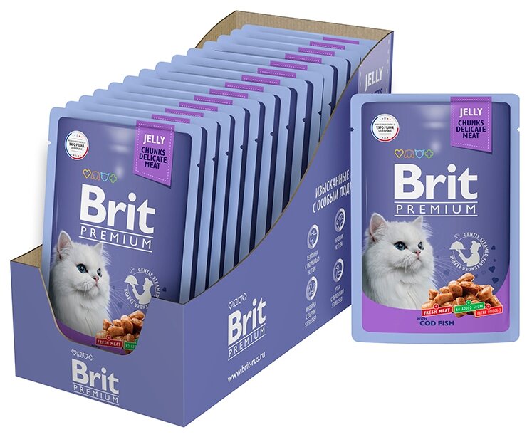 Пауч для взрослых кошек Brit Premium треска в желе 14 шт х 85г - фотография № 1