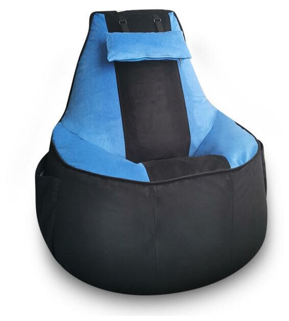 MyPuff кресло-мешок игровое кресло Геймер, размер ХXXХL, мебельный велюр, черно-голубое - фотография № 1