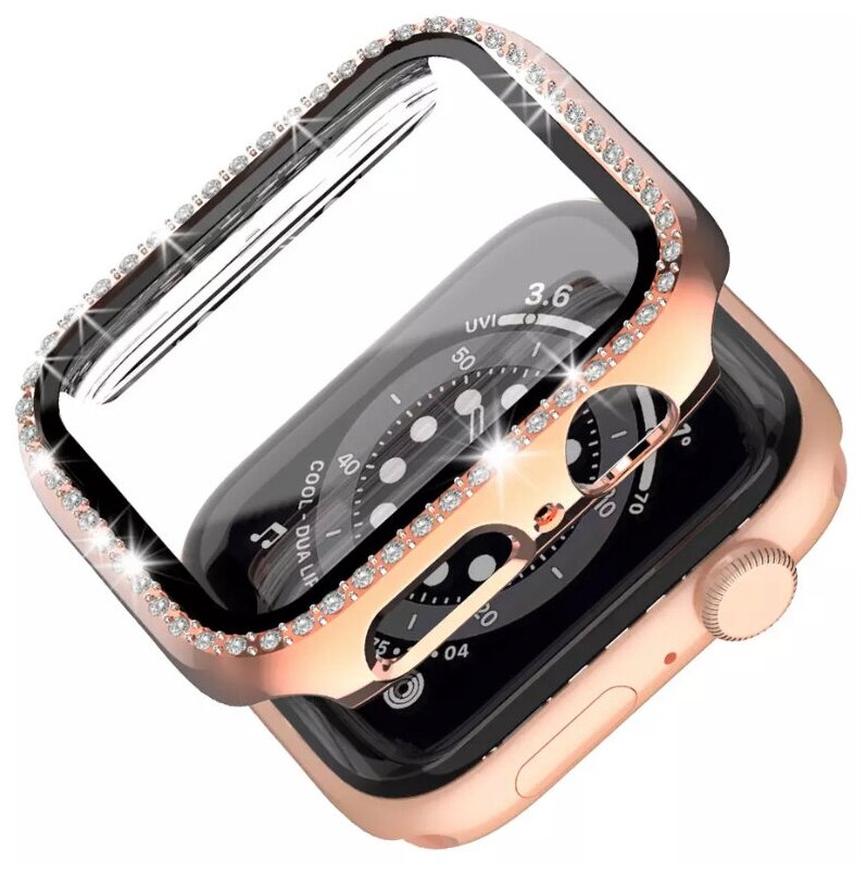 Чехол со стразами + стекло для Apple Watch 45 mm золото