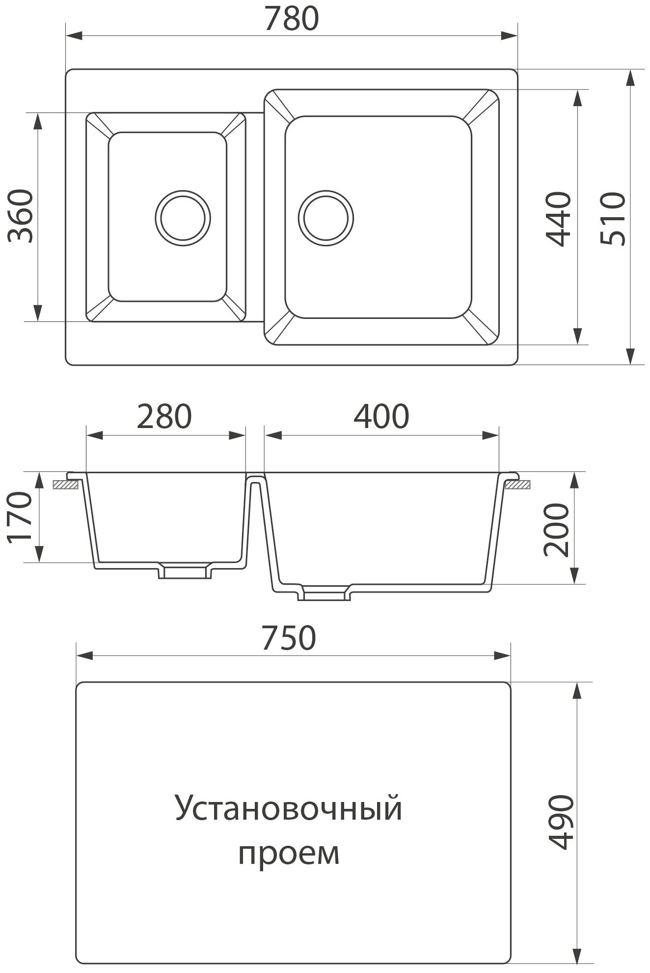 Мойка для кухни GreenStone GRS-76K-343, врезная, 780 x 510 мм, антрацит - фотография № 5