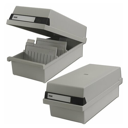 Картотека пластиковая формат А6 (148х105 мм) горизонтальная на 1300 карт, с крышкой, серая, HAN, НА956/11