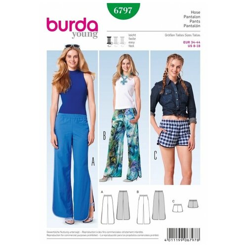 Выкройка Burda 6797-Брюки, Шорты 