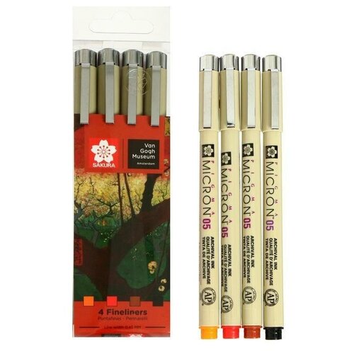 Набор ручек капиллярных 4 цвета, Sakura Pigma Micron Van Gogh Museum 0.45мм (цвета: оранжевый, красный, коричневый, чёрный)