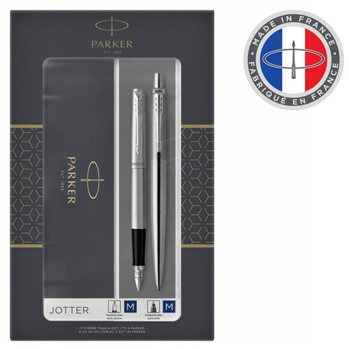 набор parker jotter stainless steel gt шариковая ручка синяя и перьевая ручка 2093257 Набор Parker Jotter Core FK61 (2093258) Stainless Steel ручка перьевая, ручка шариковая подар. кор.