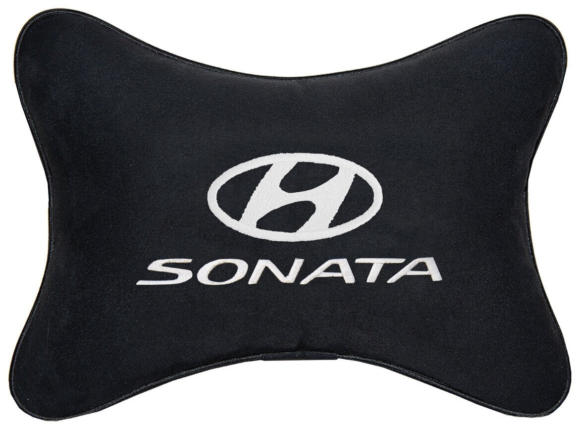 Автомобильная подушка на подголовник алькантара Black c логотипом автомобиля Hyundai Sonata
