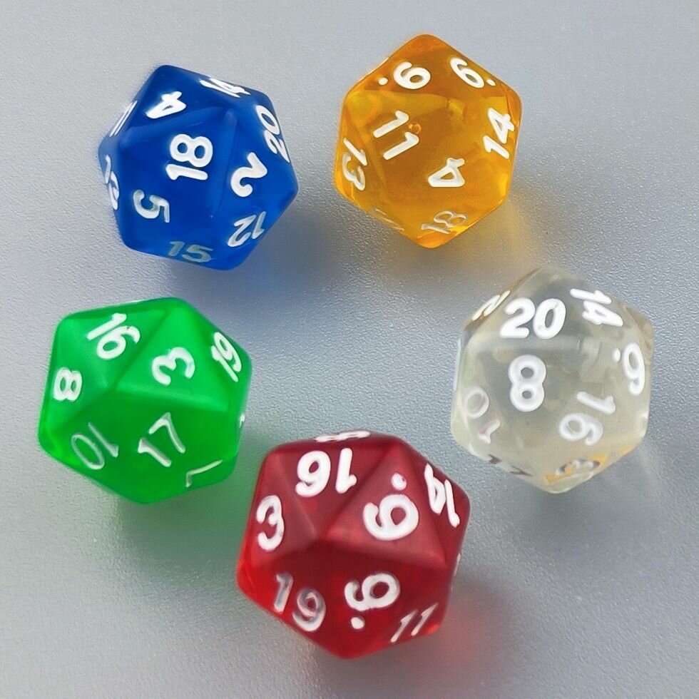 Кубик двадцатигранный прозрачный (D20) для настольных и ролевых игр, набор 5 штук
