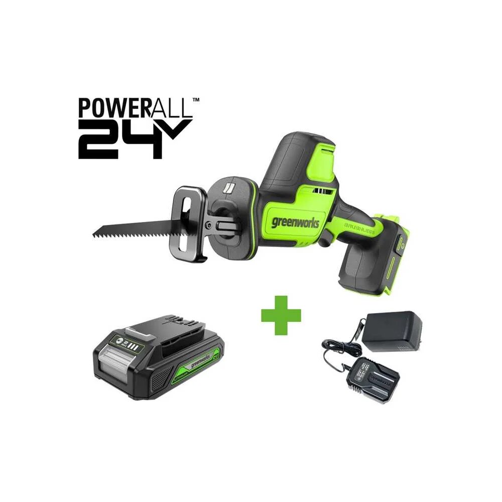 Пила сабельная GreenWorks GPT-CRS-25 24V б/щет 0-3000/мин рез 80мм по дереву LED 1x2Ач ЗУ коробка 1200507VUA