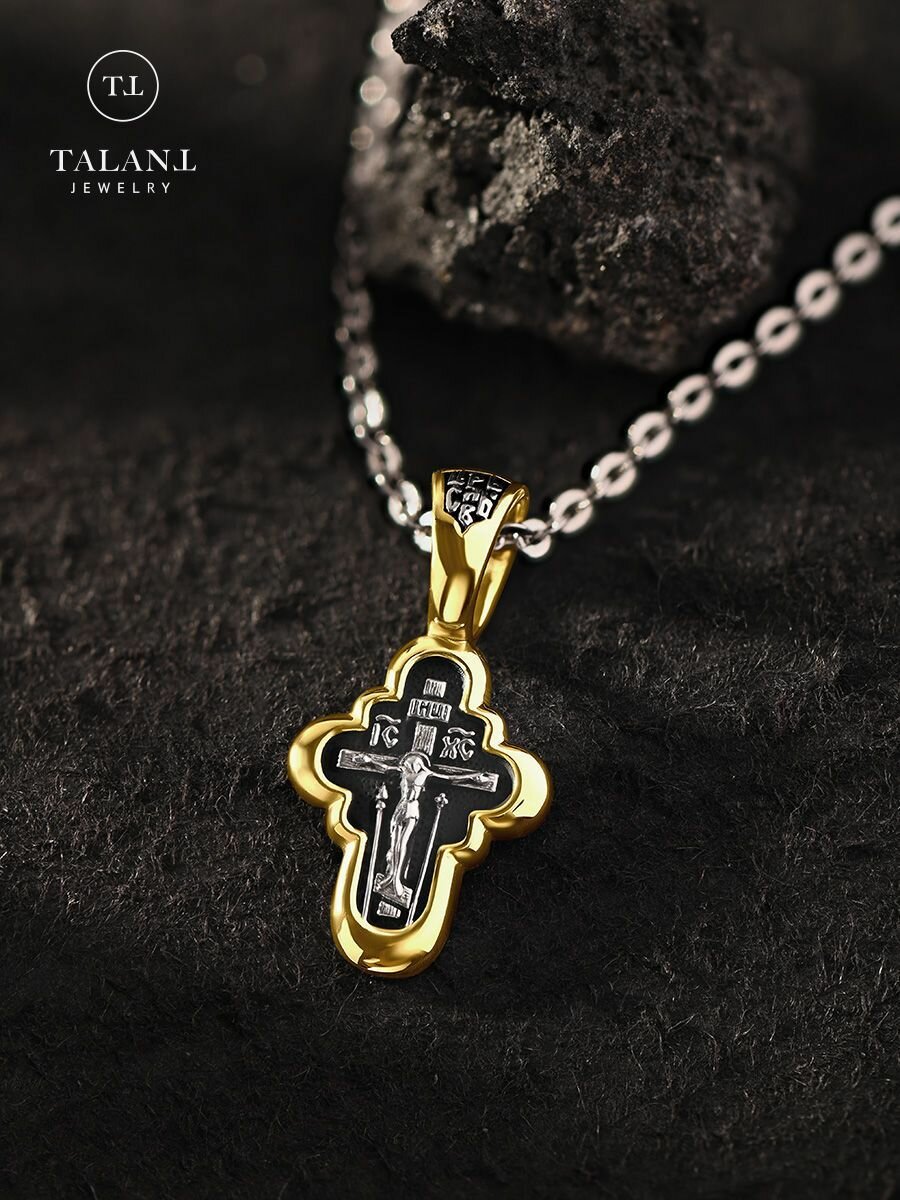 Крестик TALANT, серебро, 925 проба, золочение, родирование, золотистый, черный — фото 1