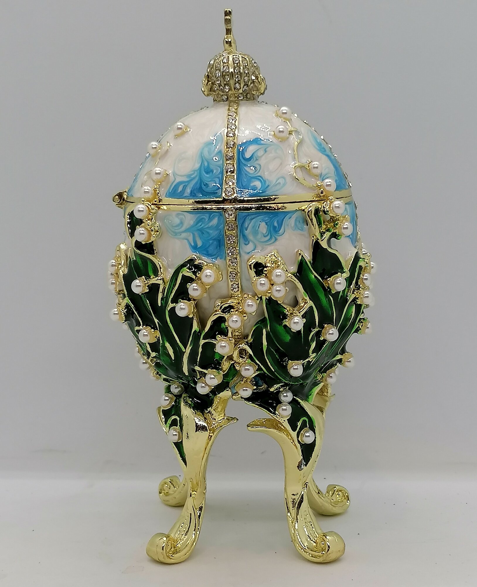 Яйцо Фаберже Ландыш большое , с жемчугом, бело-голубое
