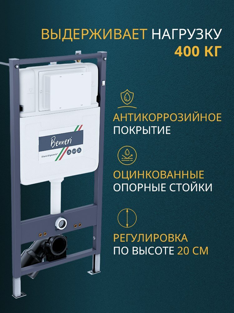 Инсталляция с унитазом комплект с белой кнопкой смыва и сиденьем микролифт Benneri B4.53.015A. AQ1111 — фото 1