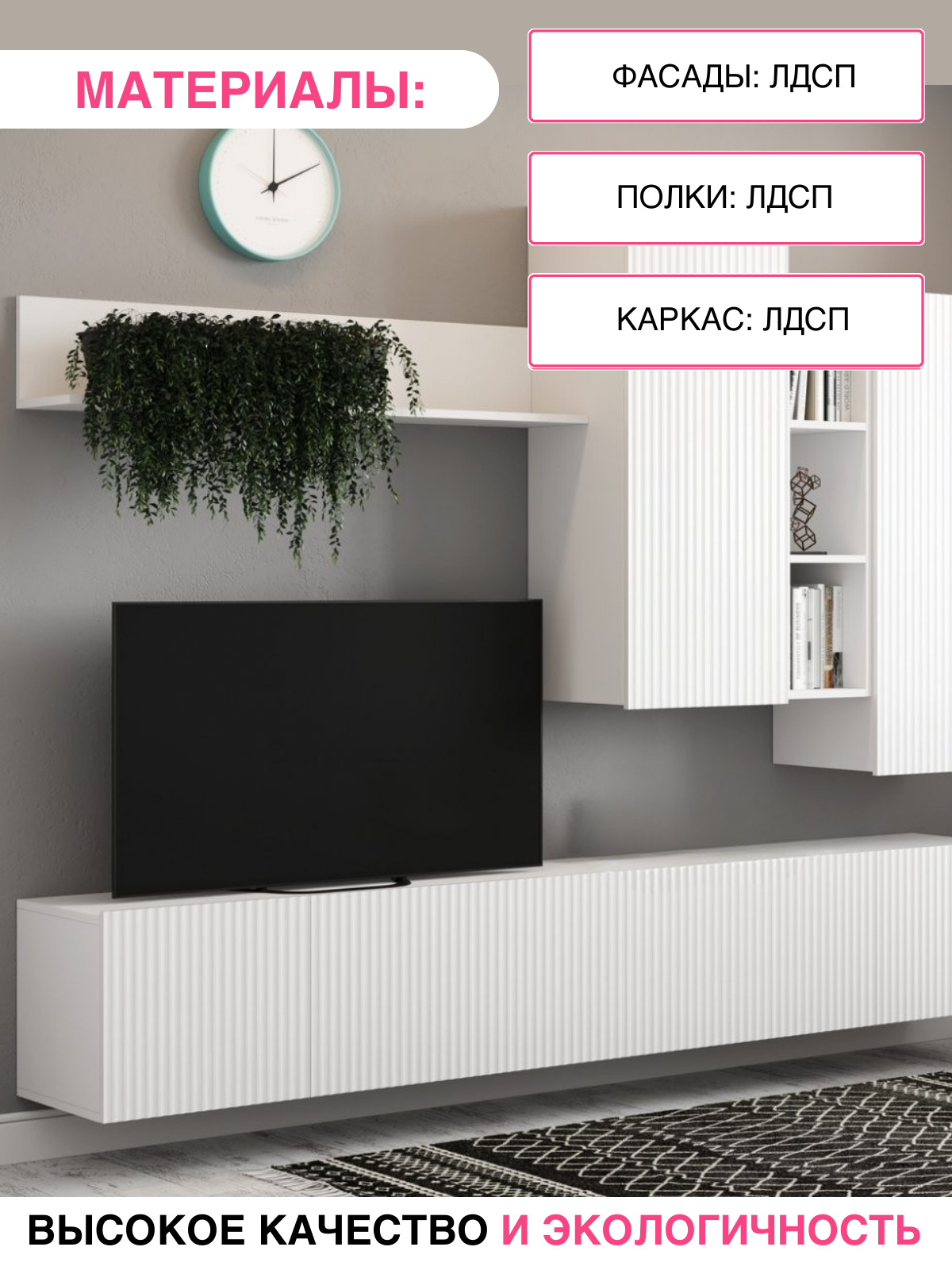 Стенка в гостиную "Сканди" модульная, навесная, белая глянцевая, ЛДСП — фото 1