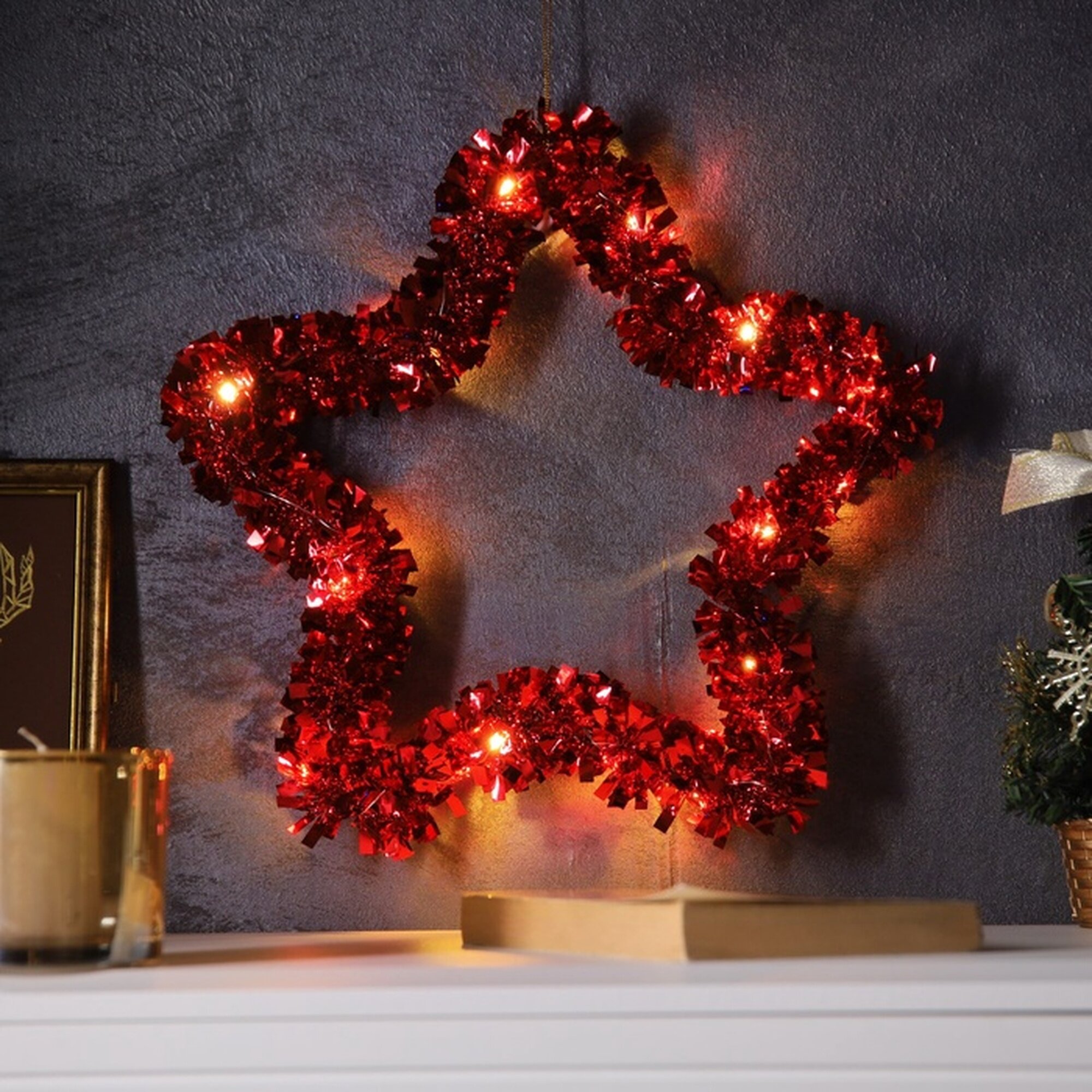 Светодиодная фигура из мишуры  Звезда красная  30   5 см  20 LED  батарейки AG10х3  в комплекте   свечение тёплое белое