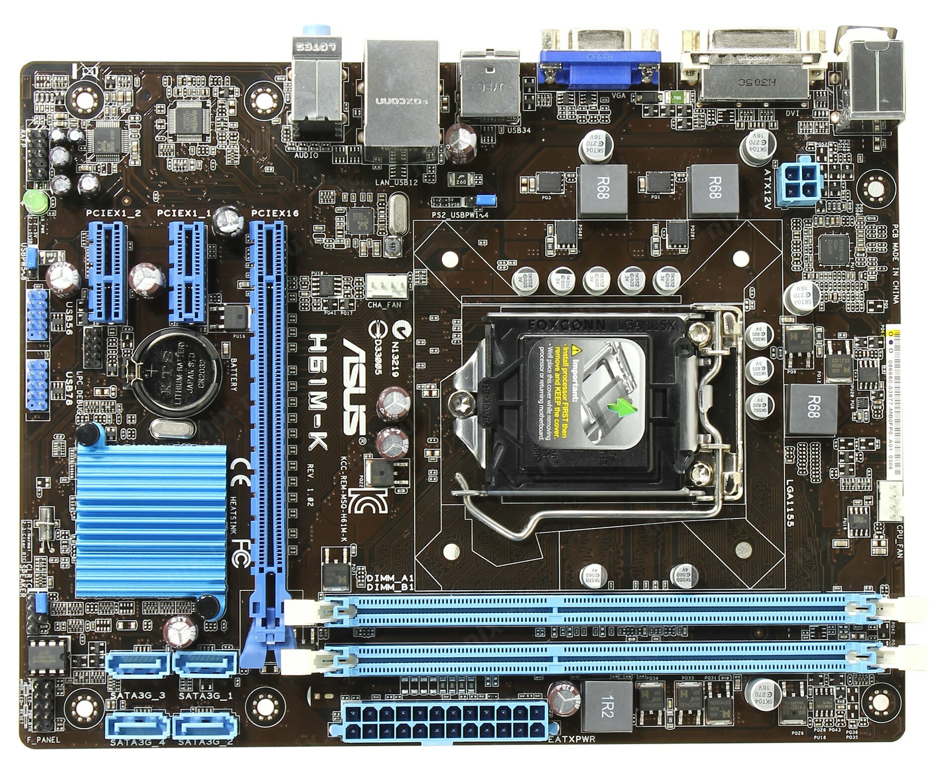 Материнская плата ASUS H61M-K, S-1155 H61/2DDR3/SATA/GLan/VGA/DVI/D-SUB/mATX