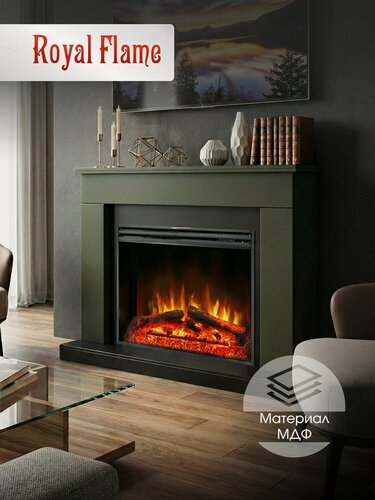 Изображение товара Камин электрический напольный Royal Flame BERGEN SFT темная олива c очагом Jupiter FX New, с эффектом реального пламени, звуком потрескивания дров и обогревом 2 кВт