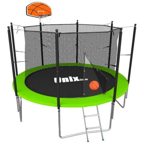 фото Каркасный батут unix line 8ft simple basketball (inside) 244х244х241 см зеленый (с лестницей и баскетбольным набором)