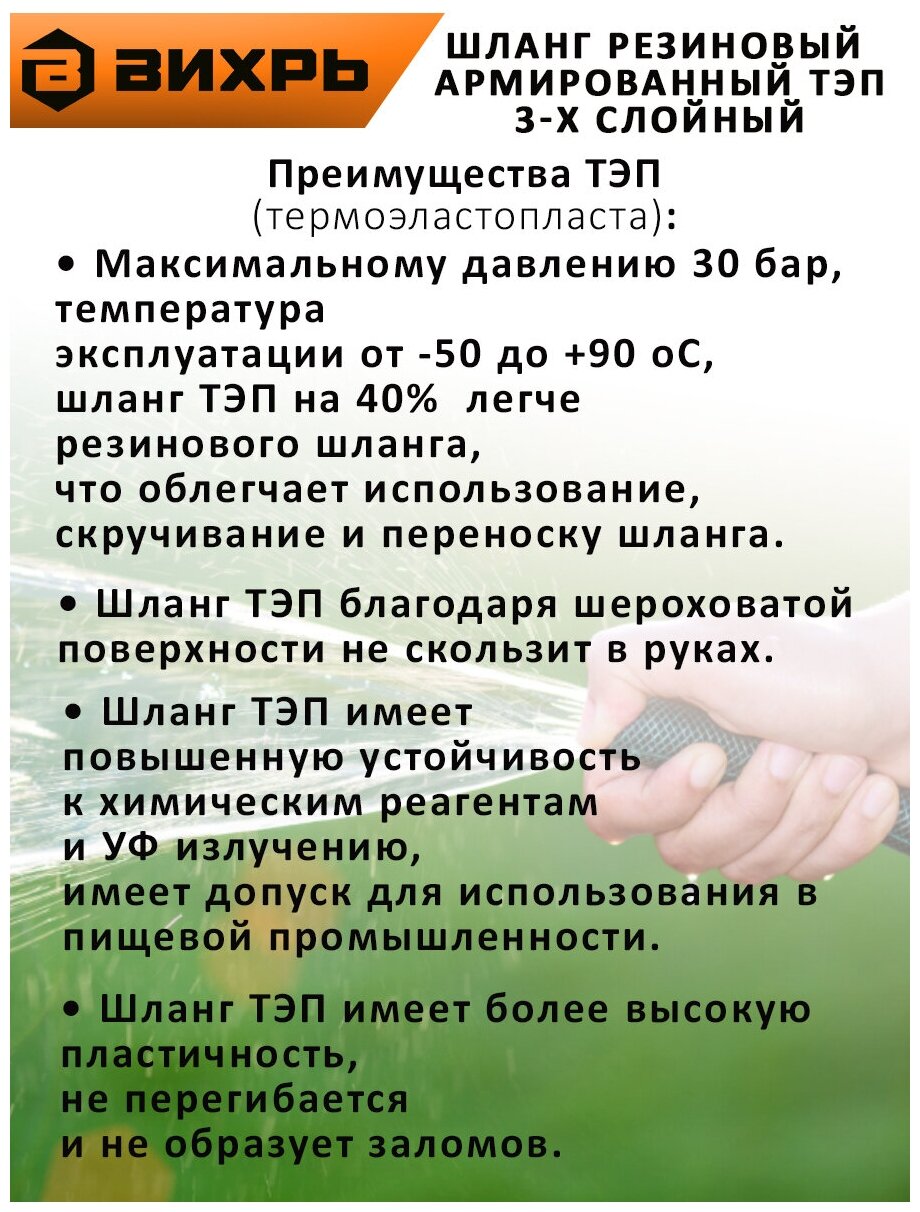 Шланг резиновый армированный, 19х25-1,0 - ВГ. (ТЭП), бухта 50 м (чёрный) Вихрь - фотография № 3