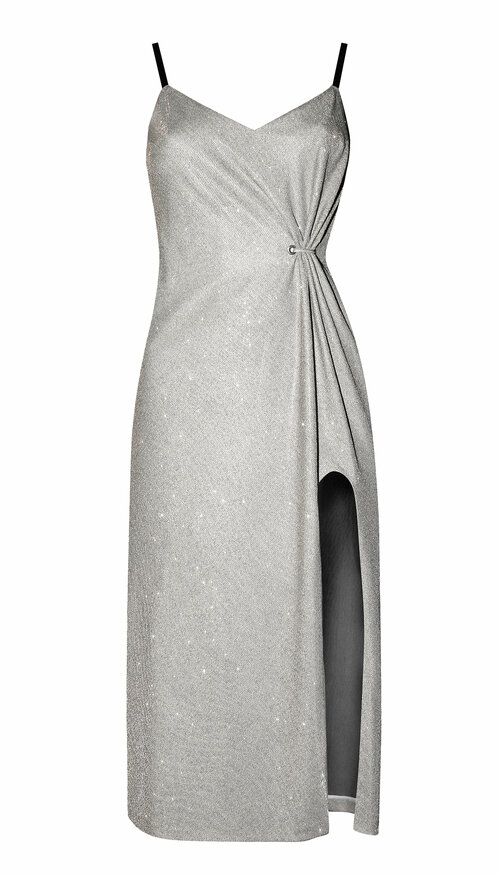 Платье-комбинация LAROOM, в бельевом стиле, прилегающее, миди, размер M, серебряный