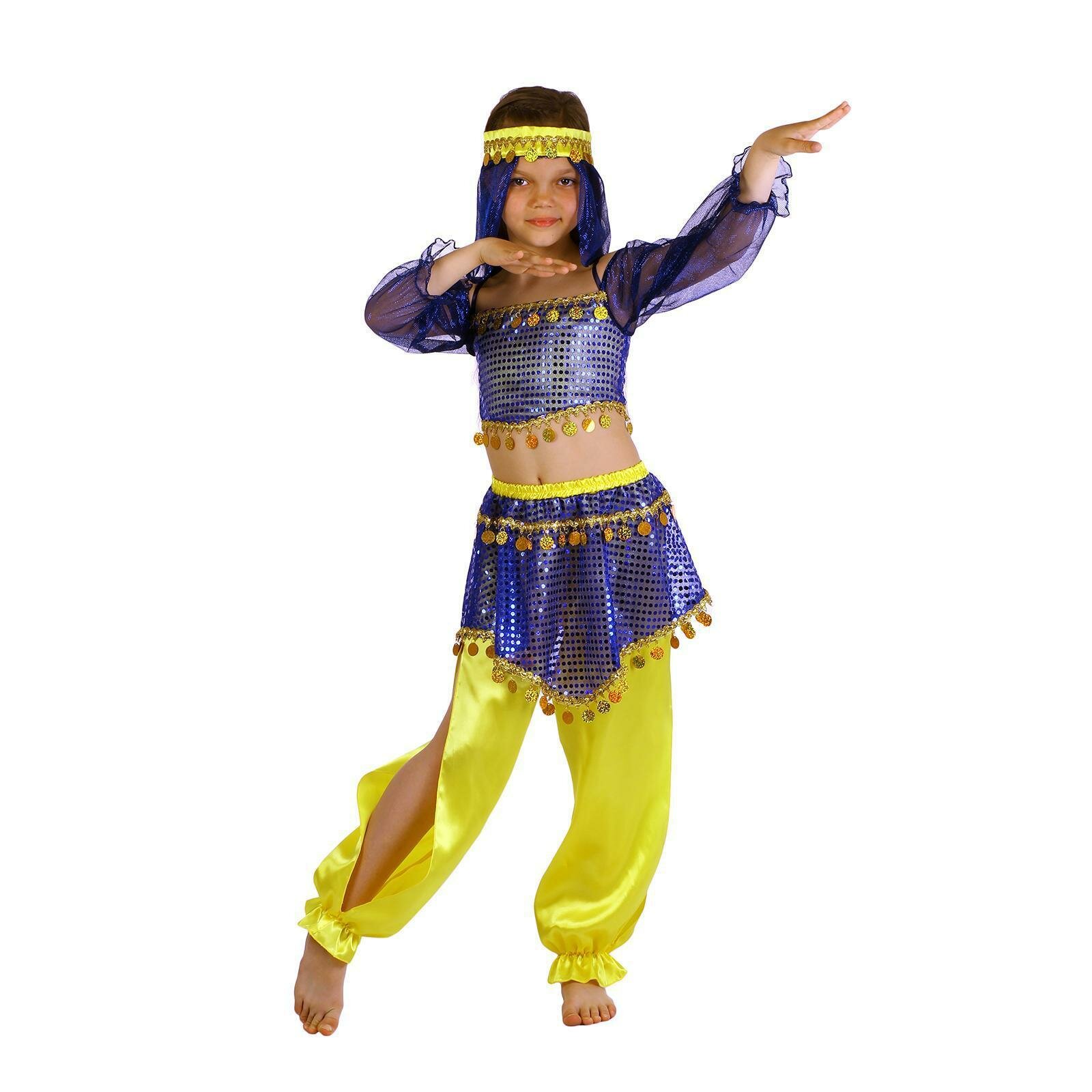 Карнавальный костюм "Шахерезада", повязка, топ с рукавами, штаны, цвет сине-жёлтый, р. 34, рост 134 см