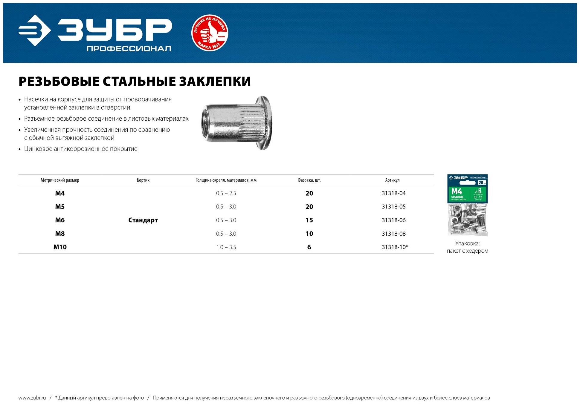 Резьбовые заклепки ЗУБР Профессионал с насечками стальные стандартный бортик М6 15 шт. 31318-06