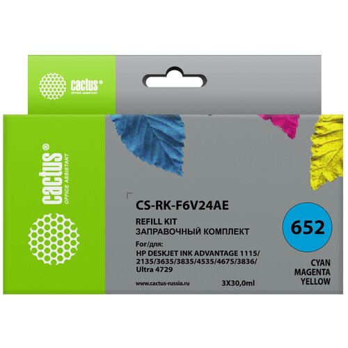 Заправочный набор Cactus CS-RK-F6V24AE многоцветный 90мл для HP DJ Ink Adv 1115/2135/3635/3835/4535 cartridge ink cactus cs cb323n cs cb323 178xl blue 14 6ml for hp ps b8553 c5383 c6383 d5463 5510