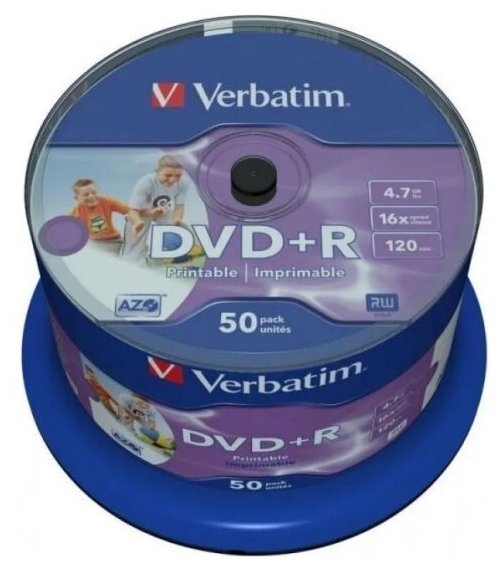 Диск Verbatim DVD+R 4.7Gb 16x Cake Box (50шт) Printable (43512)