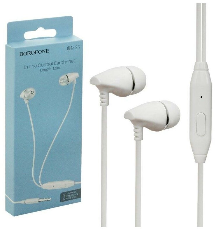 Наушники MP3/MP4 BOROFONE (BM25) микрофон/кнопка ответа вызова белые